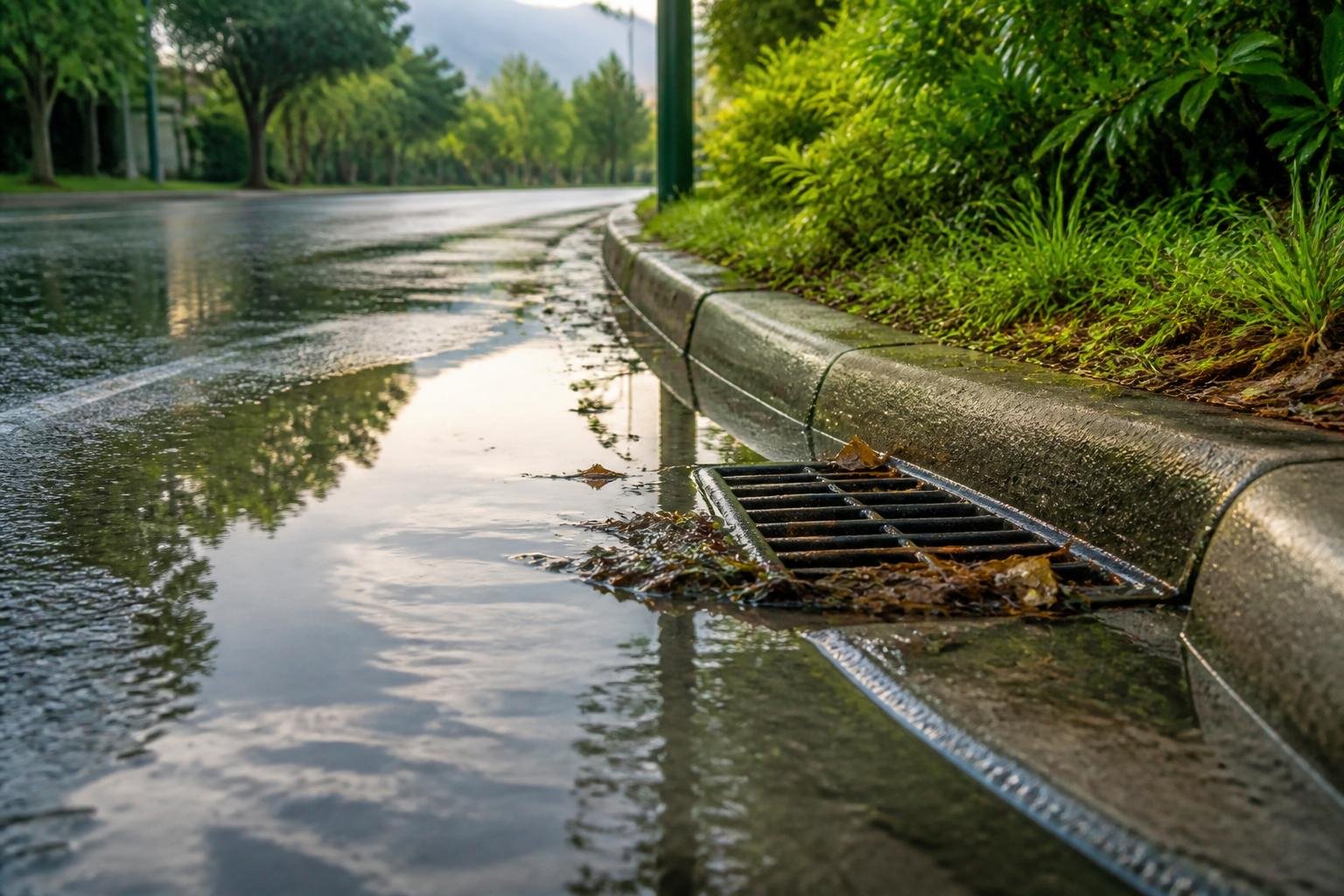 Sumidero obstruido causa acumulación de agua durante lluvias