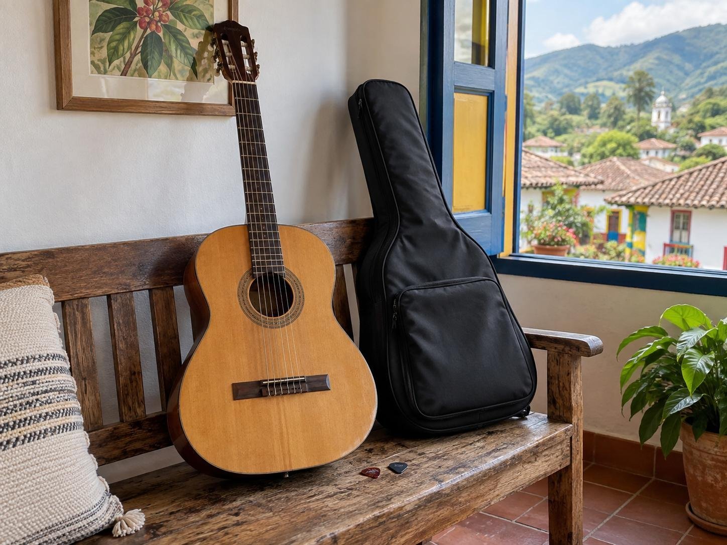 Guitarra acústica con funda acolchada